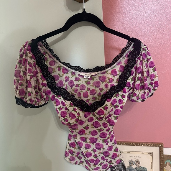 Kimchi Blue Purple Floral Blouse with Black Lace - Picture 2 of 4